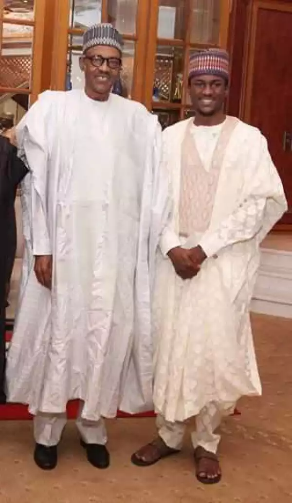 Photos: Buhari Poses Happily With His Son, Yusuf, At The Presidential Villa